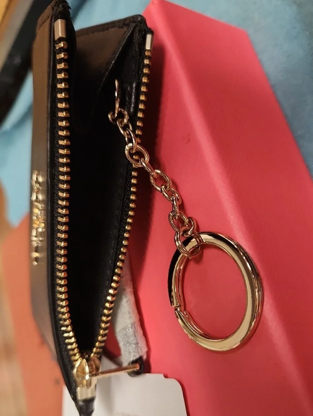 COACH Black Leather Zip Card Holder with Gold Logo